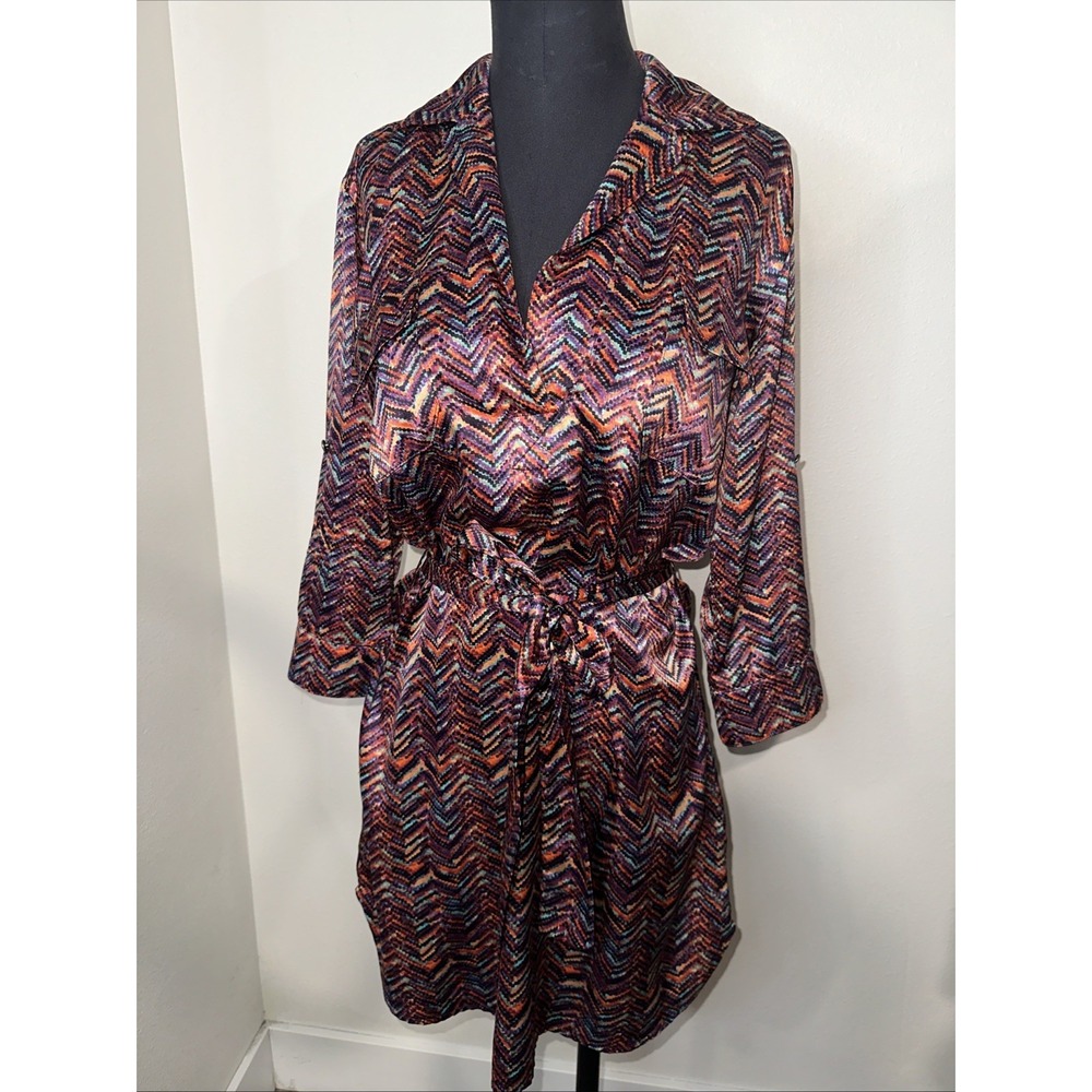 Verónica M Multicolor Chevron Metallic Dress Size Xs Waist Belt 3/4 Sleeve